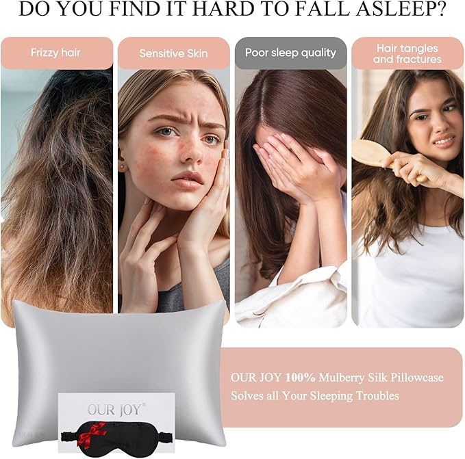 100% Mulberry Silk Pillowcase 22 Momme (SGS Certified) with Free Silk Eye Mask - Luxury Gift-Ready Folded Packaging, Cooling Pillow Cover for Hair & Skin Care (Silver Gray, Standard (1 Pack))