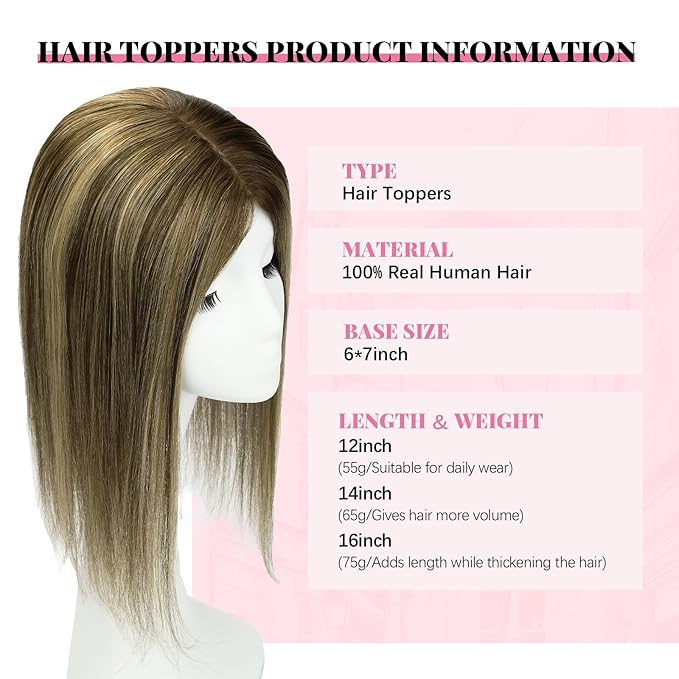 Hair Toppers for Women Real Human Hair, 360° Cover Topper 12inch 55g Hair Pieces for Women with Thinning Chocolate Brown Mixed Caramel Blonde Add Volume 6x7inch (#4/27/4Toppers-12inch)