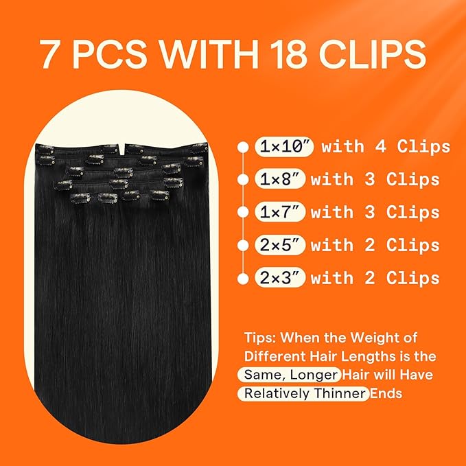Full Shine Black Human Hair Clip in Extensions Straight Clip in Remy Extensions Jet Black Hair Extensions Clip ins Seamless Thick Ends 14 Inch 120 G 7 Pcs