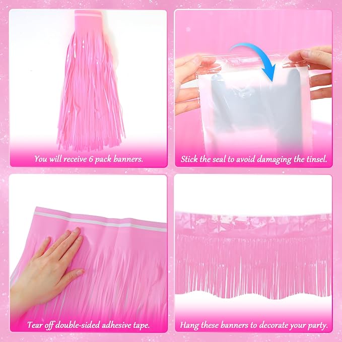 LOLStar Macaron Pink Foil Fringe Tinsel Garland Streamers Banner, 6 Pack | 60Ft - Image 3
