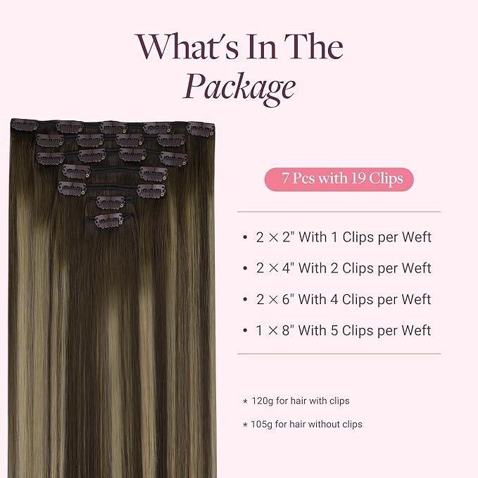 GOO GOO Clip in Hair Extensions Real Human Hair, Remy Human Hair Extensions Clip ins for Women, Natural Human Hair, 18inch 120g 7Pcs, 4/26/4 Balayage Chocolate Brown to Honey Blonde