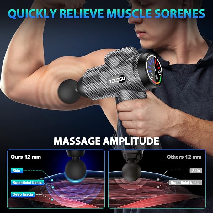 TOLOCO Massage Gun, Deep Tissue Back Massage for Athletes for Pain Relief, Percussion Massager with 10 Massages Heads & Silent Brushless Motor, Christmas Gifts for Women, Men, Carbon