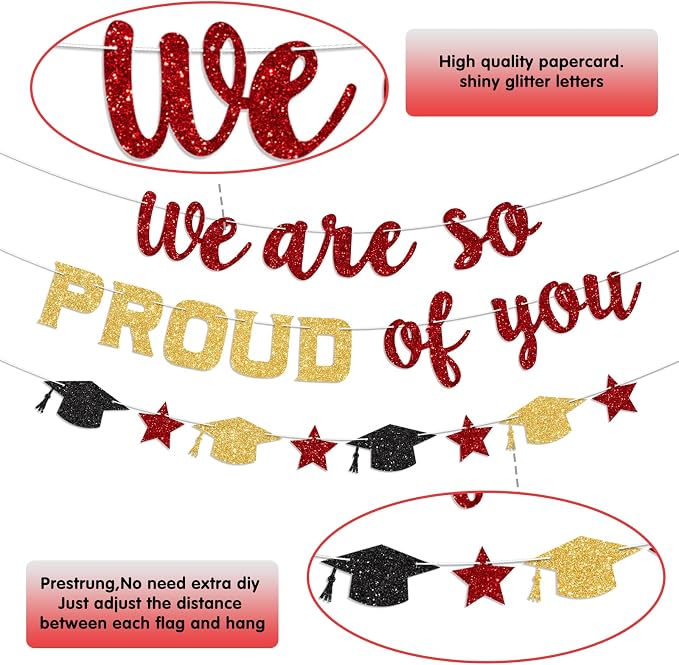 We Are So Proud of You Banner Prestrung Red and Gold Graduation Banner - Image 3