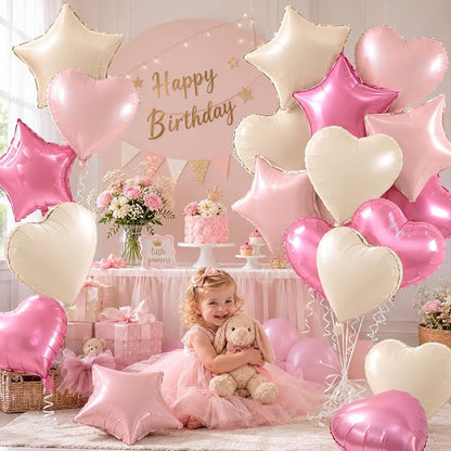 TONIFUL 18 Inch Cream Pink Star and Heart Foil Balloons - Image 3