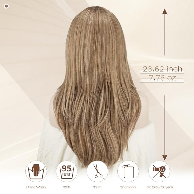 SOFEIYAN Long Straight Layered Wig with Bangs 24 Inch Synthetic Natural Hair Wig Soft Heat Resistant Long Wigs for Women Daily Party Use