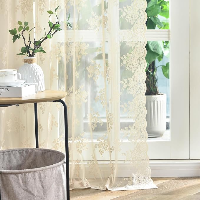 Kotile Beige Lace Kitchen Curtains Rustic Floral W42 x L30 Inch, 2 Panels | Rod - Image 8