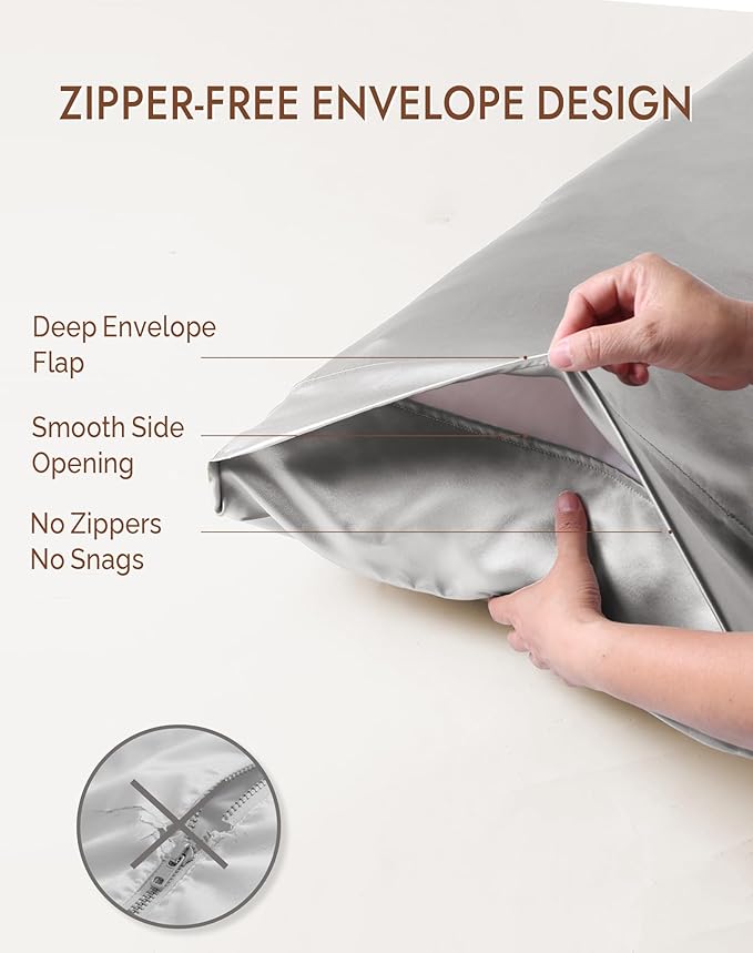 SilkSilky 100% Mulberry Silk Pillowcase - Pure 22 Momme High-Grade 6A Fibers for Hair & Skin, Envelope Closure, Natural, Organic, Breathable & Cooling Pillow Case (Queen, Silver)
