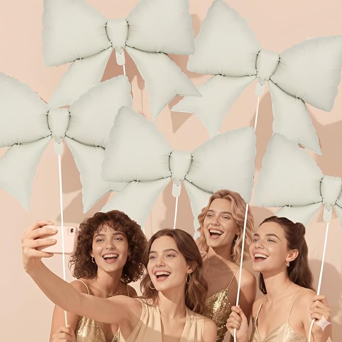 6 Pcs Beige Bow Balloons for Girls, 38 Inch Bow Foil Balloons, Bows Gender - Image 7