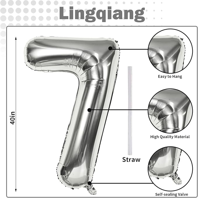 40'' Silver Number 7 Balloons, Self Inflating Foil Number Balloons Set 0-9 - Image 2