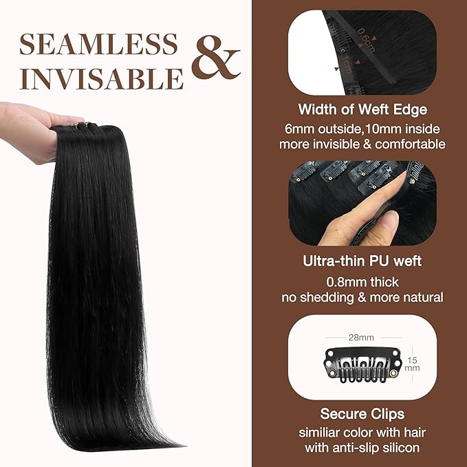 GOO GOO Clip in Hair Extensions Real Human Hair, Remy Human Hair Extensions Clip ins for Women, Natural Human Hair, 14inch 130g 9Pcs, 1 Jet black