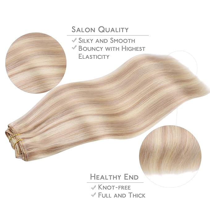 WENNALIFE Clip in Hair Extensions Real Human Hair, 16 Inch 120g 7pcs Balayage Light Wheat Platinum Blonde Remy Hair Straight Natural Extensiones De Cabello Humano Con Clip Ins