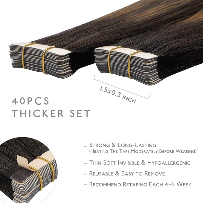 WENNALIFE Tape in Hair Extensions Human Hair, 40pcs 100g 14 inch Balayage Dark Brown Mixed Chestnut Brown Hair Extensions Real Human Hair Straight Tape in Extensions Invisible Human Hair Extensions