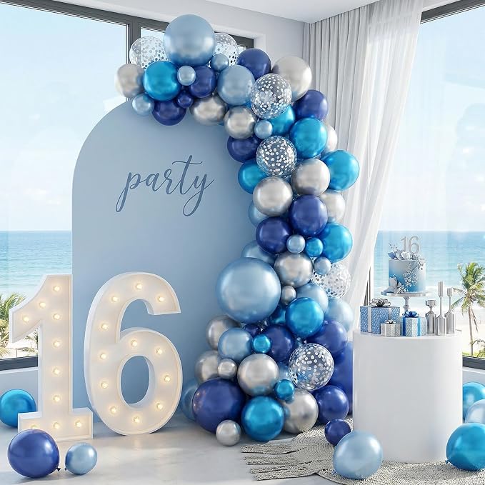 Paready Blue Silver Balloons Set, 12 Inch Confetti Silver Pearl Dark Blue Latex - Image 4