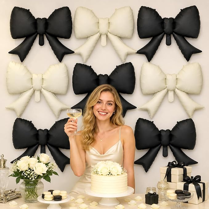 8Pcs Black White Bow Foil Balloons, 21Inch Black and White Bow Shaped Balloons - Image 4