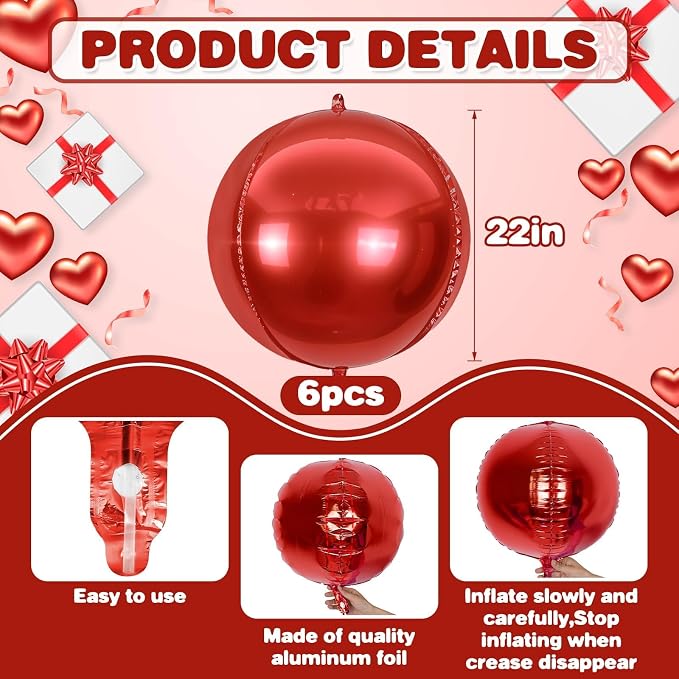 6Pcs Red Round Foil Balloons, Giant 4D Round Ball Balloons, 22 Inch Metallic - Image 2