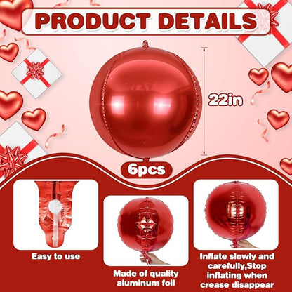 6Pcs Red Round Foil Balloons, Giant 4D Round Ball Balloons, 22 Inch Metallic - Image 2