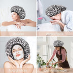 Aquior Shower Cap,Extra Large Triple Layer Bathing Cap with Dry Hair Function for Women Microfiber Terry Cloth Silky Satin 100%% Waterproof Reusable Long Hair Bath Caps (Leopard)