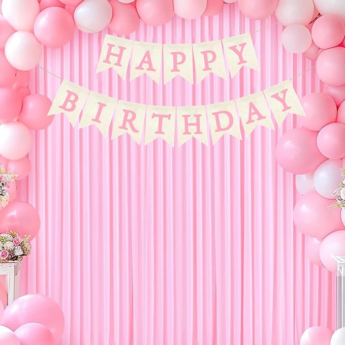 Pink Happy Birthday Banner Pre-strung Burlap Bunting Party Backdrop Sign - Image 4