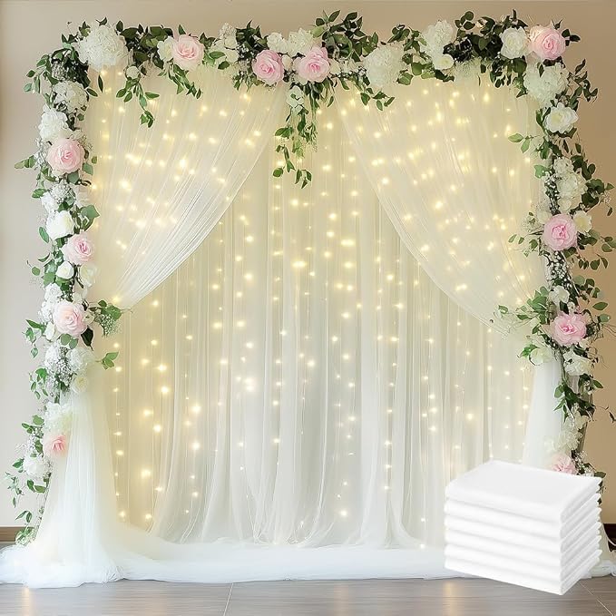 Tulle Backdrop Curtains with Lights Sheer Ivory Curtain Backdrop 30x10ft | by Fomcet