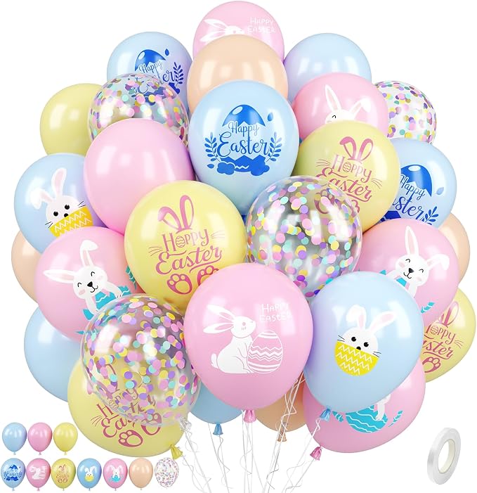 Easter Printed Balloons, 12 Inch Cute Bunny Rabbit Eggs Pastel Confetti by Paready