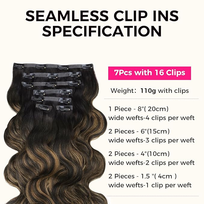 Lashey Seamless Clip in Hair Extensions Human Hair Natural Black Mixed Chestnut Brown Body Wave Clip in Hair Extensions with Invisi Edge 7pcs 110g 22 Inch