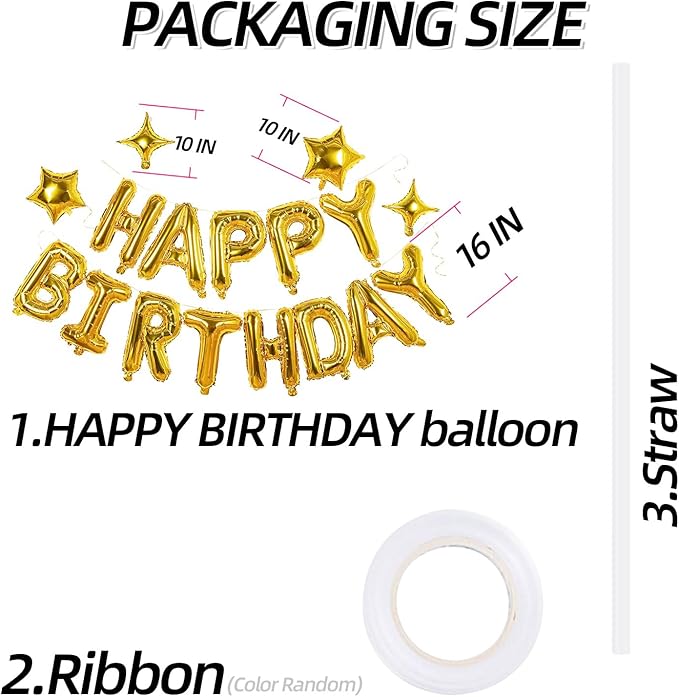 Gold Happy Birthday Banner Balloon Aluminum Foil 16 Inch Letter, 10 Inch Five - Image 2