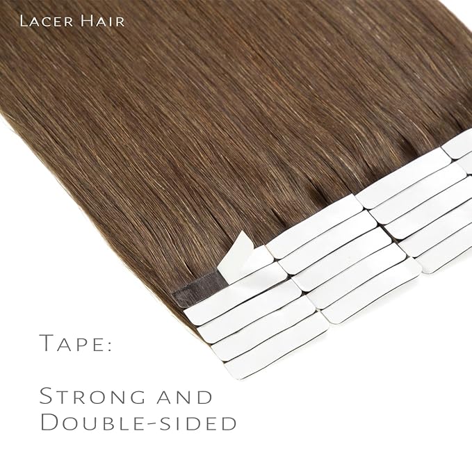 Lacer Remy Human Hair 22 Inch Tape In Extensions Chocolate Brown Color #4 Skin Weft Double Sided Adhesive 50 Gram Seamless Silky Straight Soft Hair Extension