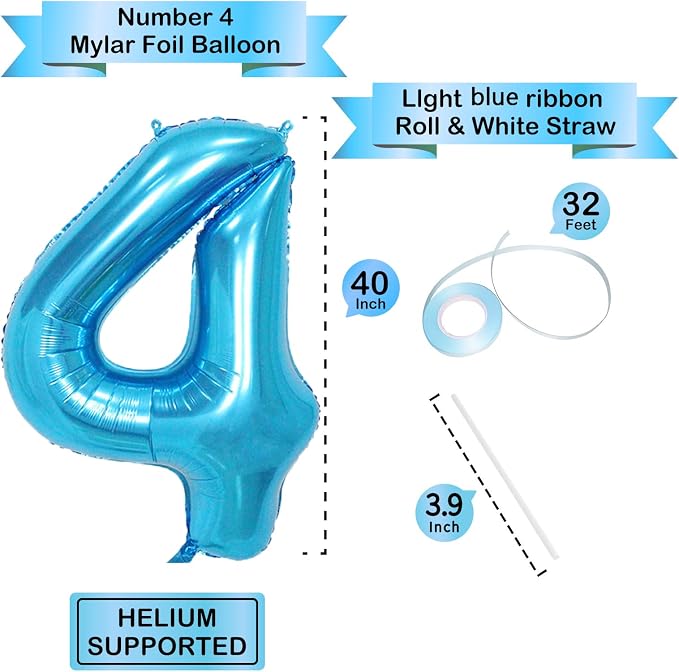 40 Inch Blue Number Balloons, Helium Mylar Foil Number Balloons - Image 3