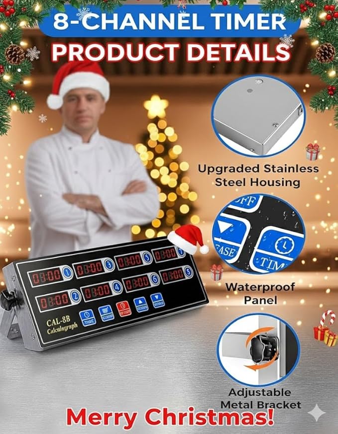 Commercial 8 Channels Digital Kitchen Timer, Stainless Steel Calculagraph Timer with Loud Alarm for Restaurant, Clock Reminder on Multiple Events