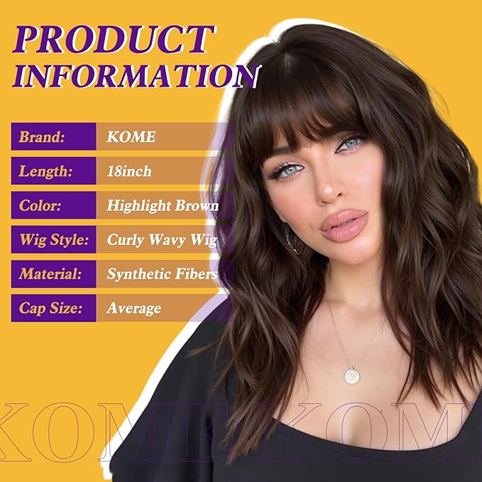 Short Curly Bob Wig with Bangs,Brown Highlight Synthetic Wigs for Women 18IN