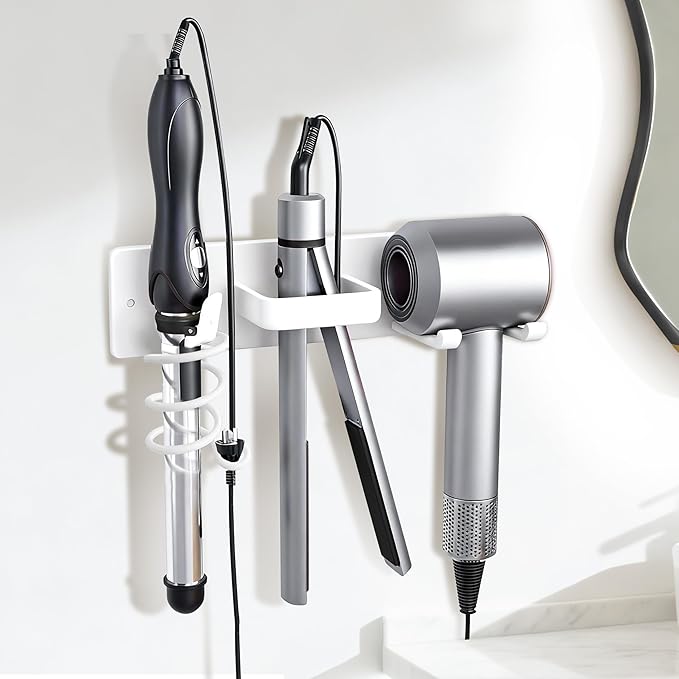Hair Dryer Holder Blow Dryer Holder for Wall Mount Curling Iron Holder Flat Iron 3 in 1 Bathroom Hair Tool Organizer Rack White