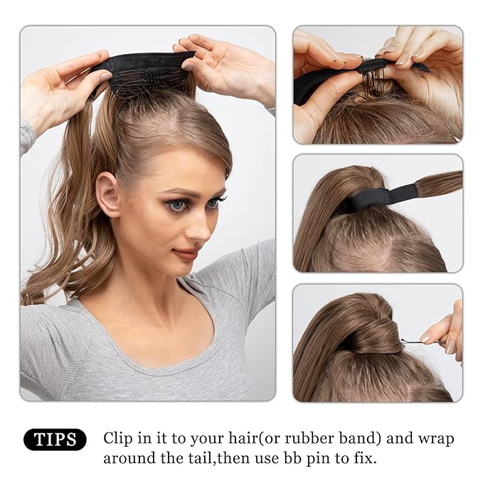 CJL HAIR 14" Short Ponytail Hair Extension Wrap Around Pony Tail Clip in Curly Wavy Synthetic Fake Hairpiece for Women Dirty Blonde