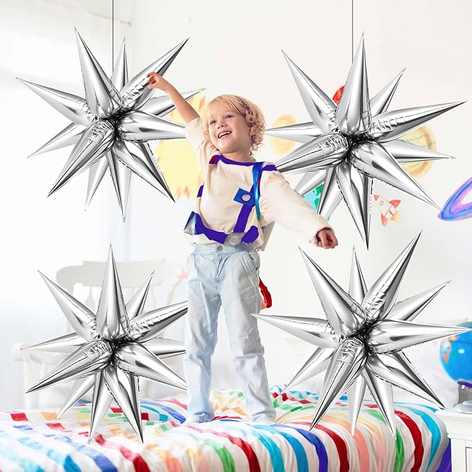 74 PCS Silver Star Balloons, 12 Point Star Foil Mylar Balloons Spike Explosion - Image 3