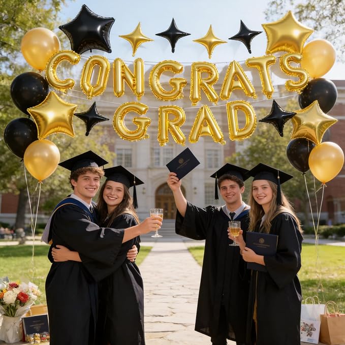 Congrats Grad Balloons, 16 Inch Black Gold Congrats Grad Letters Banner Balloons - Image 6
