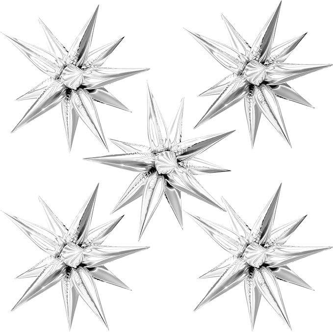 Silver Star Balloons, 12 Point Cone Explosion Star Foil Balloons | 60 Pcs by Moukiween