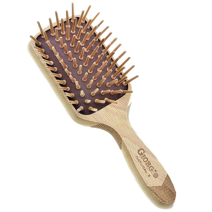 Giorgio Eco Friendly Wooden Bristle Hairbrush - Small Detangling Brush and Hair Growth Brush for Thick or Long Hair - Paddle Hair Brush Made with Anti Static Beechwood, Silicone Massage Cushion