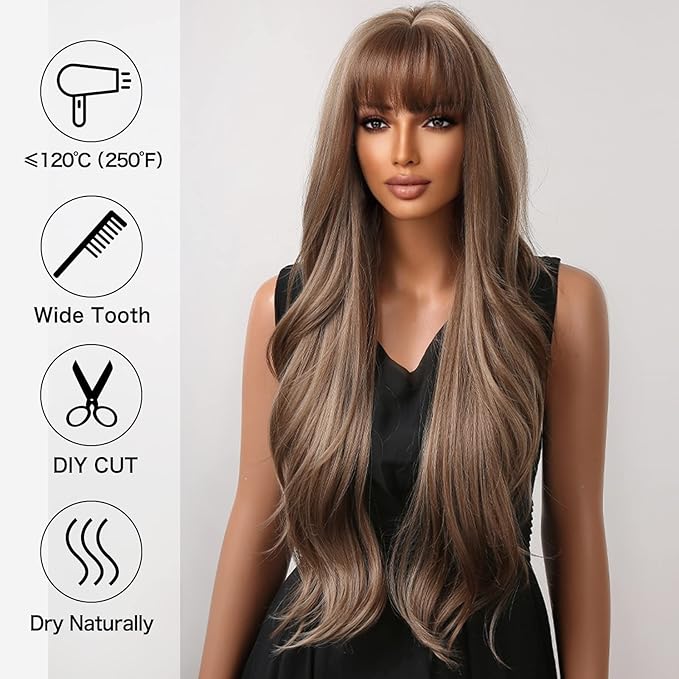 EMMOR Long Curly Light Brown Wigs with Bangs for Women, Heat Resistant Synthetic Wavy Wigs for Daily/Party/Cosplay