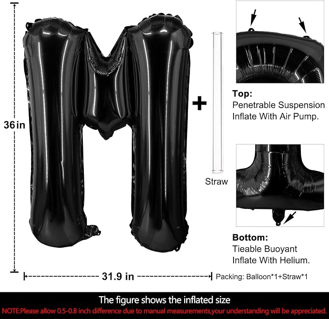 Lovoir 40 Inch Large Black Letter M Balloons Big Size Jumbo Mylar Foil Helium - Image 2