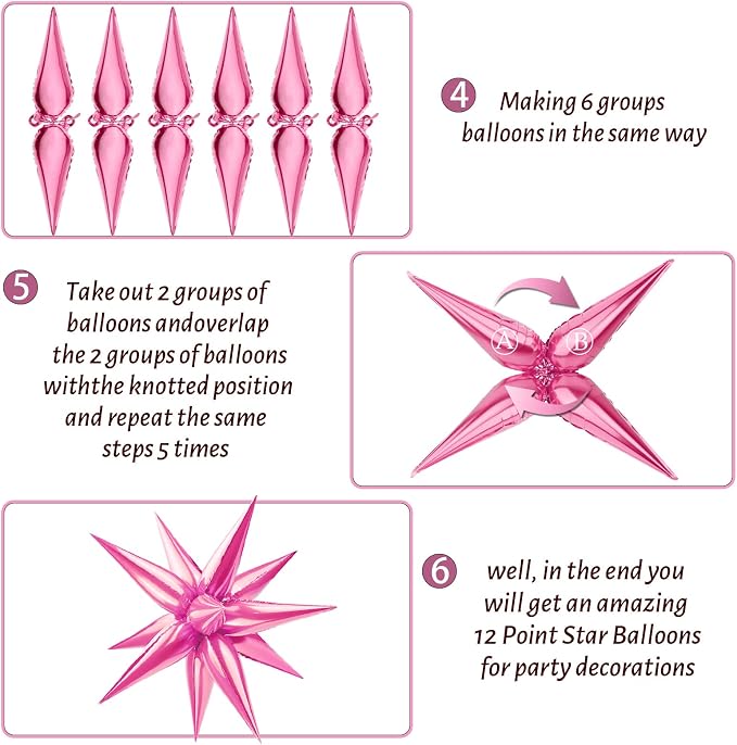 60 PCS Pink Star Balloons, 12 Point cone Explosion Star Foil Balloons - Image 4