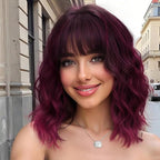 Nnzes Short Wavy Bob Wig with Bangs for Women Shoulder Length Curly Wine Red and Black Synthetic Heat-Resistant Fiber Hair for Daily & Party Use