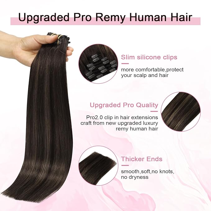 Pro2.0 Clip in Hair Extensions Real Human Hair 20inch 7pcs #2/6/2 Balayage Dark Brown to Chestnut Brown Remy Real Human Hair Extensions Clip ins 120g Thick Double Weft（#2/6/2-20inch）