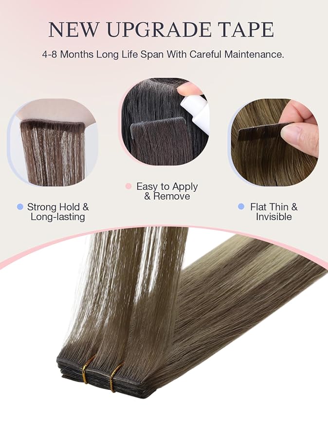 DOORES Invisi Edge Tape in Hair Extensions Human Hair, Ash Brown to Platinum Blonde 10 Injection Tapeins with 10 Classic Tapeins 50g 24 Inch, Virgin Injection Tape in Extensions