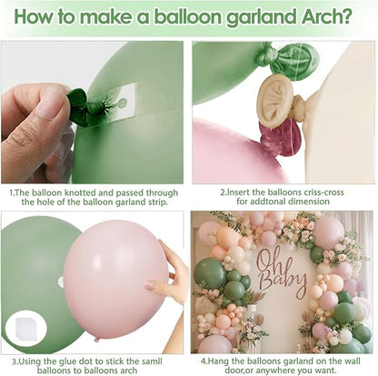 Pink Green White Sand Balloons Arch Kit, Party Decor | Sage Green, Pastel Pink - Image 4