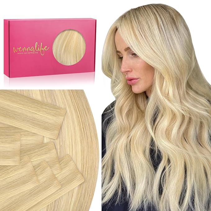 WENNALIFE Invisi Edge Tape in Hair Extensions Human Hair, 16 Inch 50g 20pcs Light Blonde Highlighted Golden Blonde Invisible Luxury Remy Hair Extensions Natural Seamless Injected Tape Ins Straight
