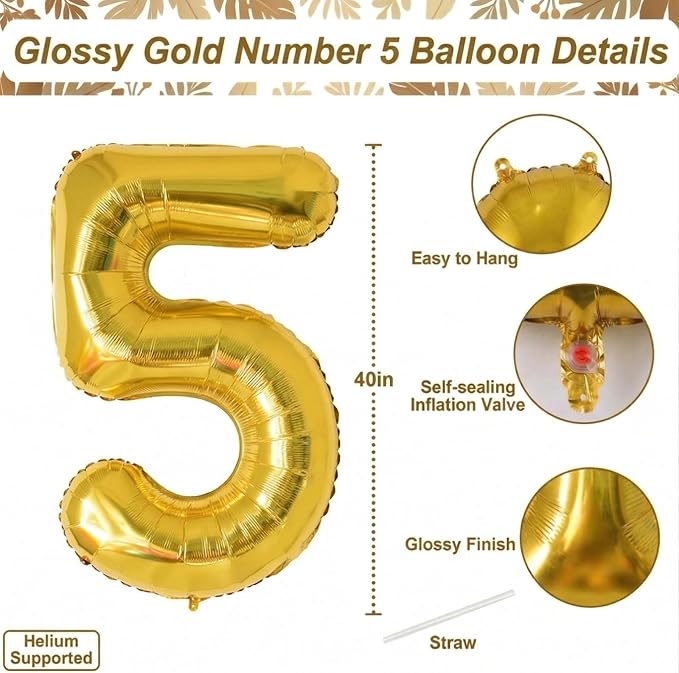 Gold Number 5 Balloon 40 Inch, Shiny Foil Decors - Image 4