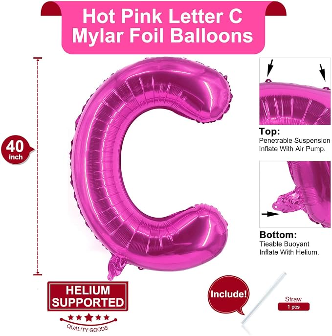 Lovoir 40 Inch Large Hot Pink Letter C Balloons Big Size Jumbo Mylar Foil - Image 2