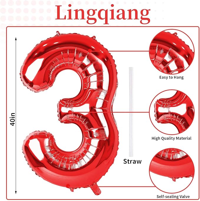Red Number Balloons, 40 inch Large Number 3 Foil Mylar Helium Balloons - Image 2