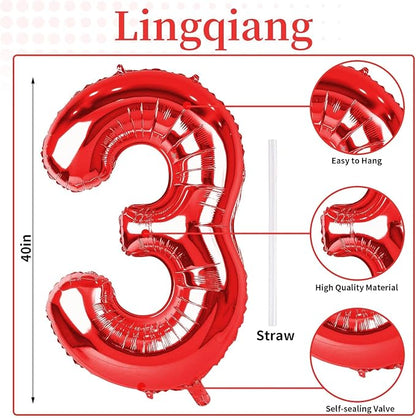 Red Number Balloons, 40 inch Large Number 3 Foil Mylar Helium Balloons - Image 2