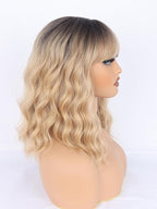 Blonde Wavy Wig with Bangs for Women Shoulder Length Synthetic Wigs Natural Wavy Blonde With Dark Brown Roots Wigs Heat Resistant for Daily Party Use