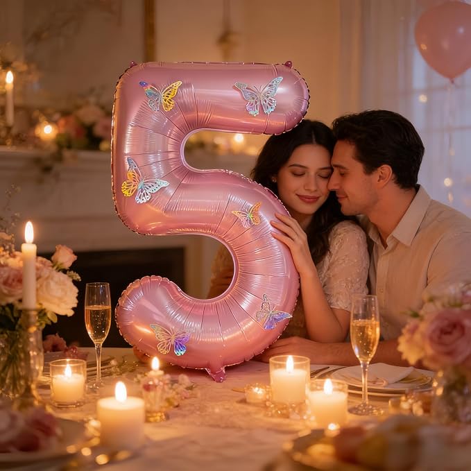 40 Inch Number Balloon Pink Large Mylar Foil Pink Number Balloons and Butterfly - Image 6